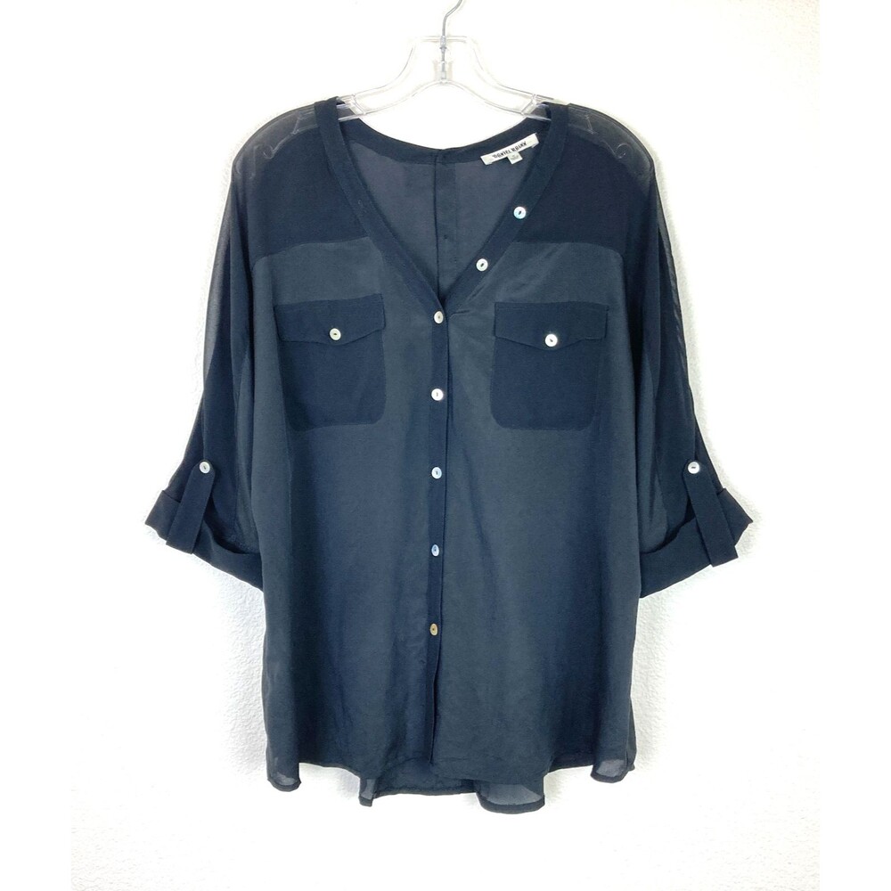 Daniel Rainn Womens Button Up Blouse Size M Black Relaxed Roll Tab Cuffed Sleeve